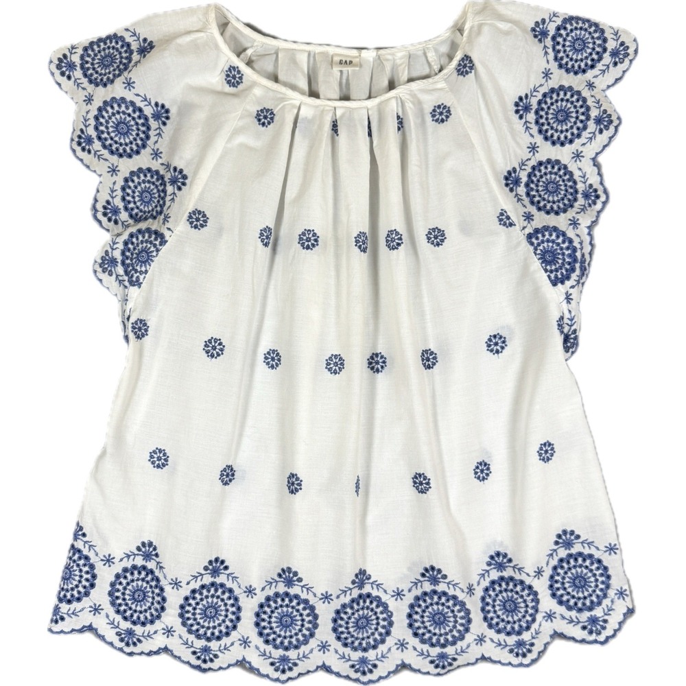 Gap Blouse Women Small White Blue Embroidered Eyelet Flutter Sleeve
